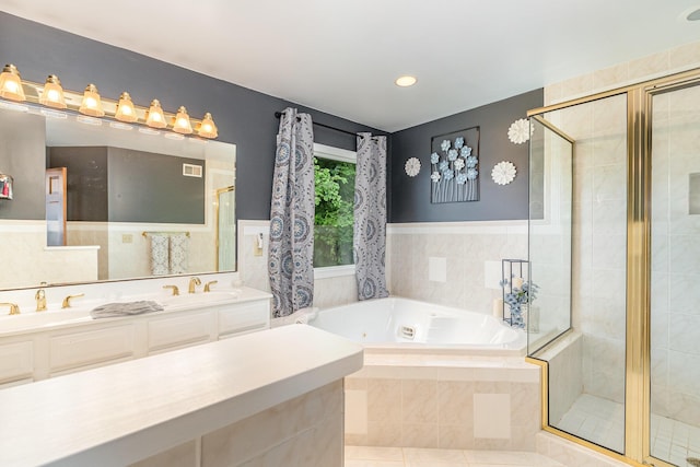 9500 Lower River Rd, Burlington, KY 41005 - full bath featuring a tub with jets, a shower stall, vanity, tile patterned flooring, and recessed lighting