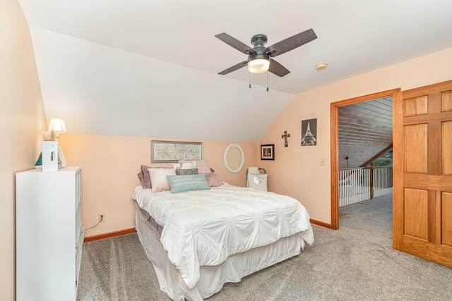 9500 Lower River Rd, Burlington, KY 41005 - bedroom with light carpet, vaulted ceiling, and ceiling fan