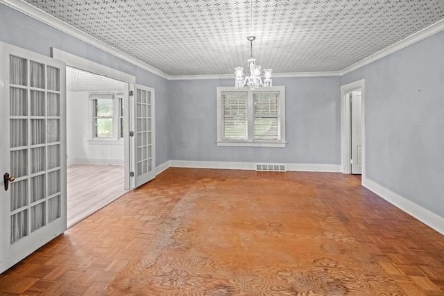 6 Hanover Pl, Fort Thomas, KY 41075 - unfurnished dining area with a chandelier, ornamental molding, and french doors