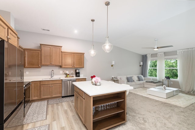2517 Bella Rdg, Covington, KY 41017 - kitchen featuring stainless steel dishwasher, open shelves, light countertops, a center island, and a ceiling fan