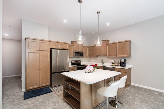 2517 Bella Rdg, Covington, KY 41017 - kitchen with stainless steel appliances, light carpet, open shelves, a kitchen island, and recessed lighting