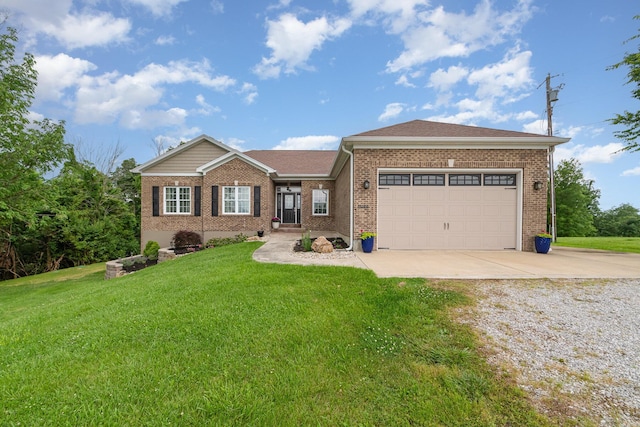 15344 Carlisle Rd, Crittenden, KY 41030 - ranch-style house with concrete driveway, brick siding, a front lawn, and a garage