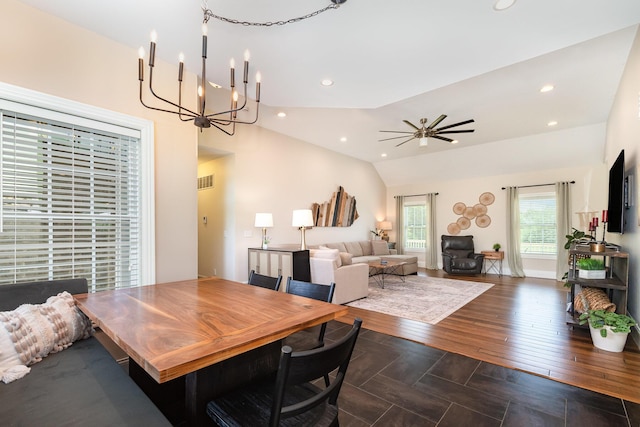15344 Carlisle Rd, Crittenden, KY 41030 - dining area with a chandelier, vaulted ceiling, recessed lighting, wood finished floors, and ceiling fan