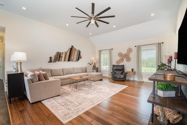15344 Carlisle Rd, Crittenden, KY 41030 - living room with a ceiling fan, wood-type flooring, vaulted ceiling, and recessed lighting