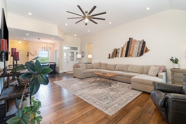 15344 Carlisle Rd, Crittenden, KY 41030 - living area with a ceiling fan, dark wood-style floors, recessed lighting, a chandelier, and lofted ceiling