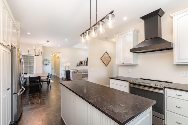 15344 Carlisle Rd, Crittenden, KY 41030 - kitchen featuring wall chimney range hood, stainless steel appliances, white cabinets, open floor plan, and recessed lighting