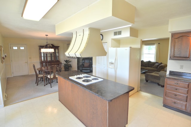 3445 Crittenden Mount Zion Rd, Dry Ridge, KY 41035 - kitchen featuring ventilation hood, white appliances, dark countertops, light flooring, and hanging light fixtures