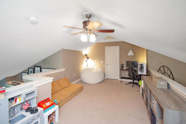 22 Carriage House Dr, Fort Thomas, KY 41075 - recreation room with a textured ceiling, lofted ceiling, a ceiling fan, and carpet