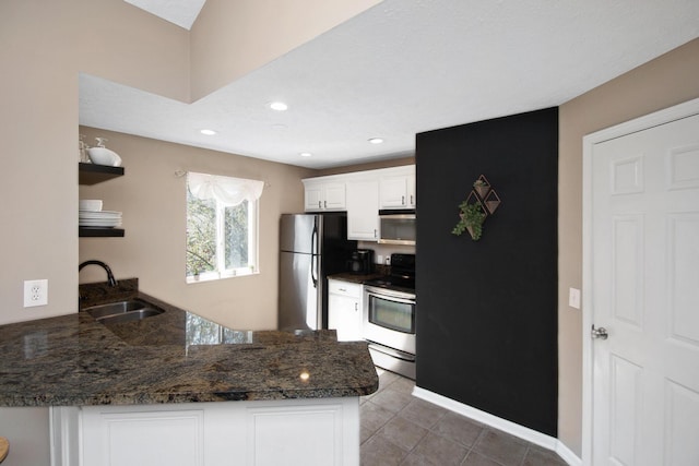22 Carriage House Dr, Fort Thomas, KY 41075 - kitchen featuring stainless steel appliances, a peninsula, white cabinetry, open shelves, and light tile patterned floors
