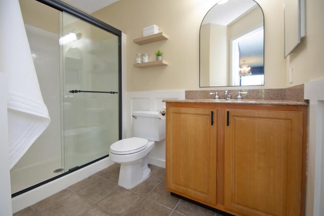 22 Carriage House Dr, Fort Thomas, KY 41075 - bathroom with a stall shower, vanity, a wainscoted wall, and tile patterned floors
