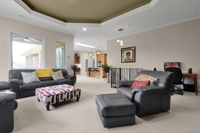 1025 Hyperion Ct, Union, KY 41091 - living area with light carpet, ornamental molding, a tray ceiling, and recessed lighting