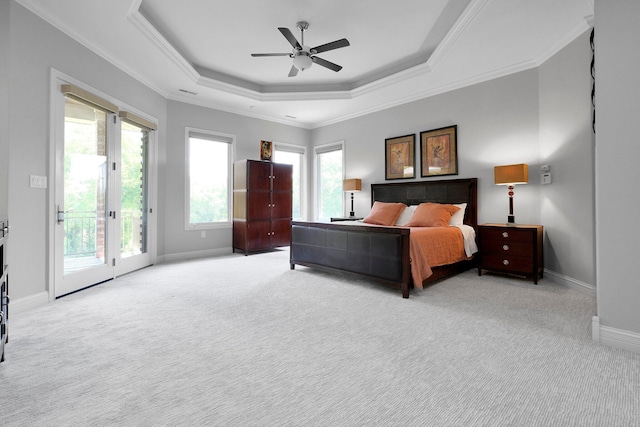 1025 Hyperion Ct, Union, KY 41091 - bedroom with access to outside, light carpet, a tray ceiling, crown molding, and a ceiling fan
