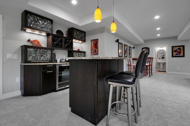 1025 Hyperion Ct, Union, KY 41091 - indoor bar with beverage cooler, light carpet, recessed lighting, and pendant lighting