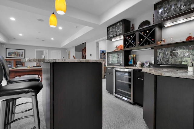 1025 Hyperion Ct, Union, KY 41091 - indoor bar with beverage cooler, light carpet, a tray ceiling, recessed lighting, and pendant lighting