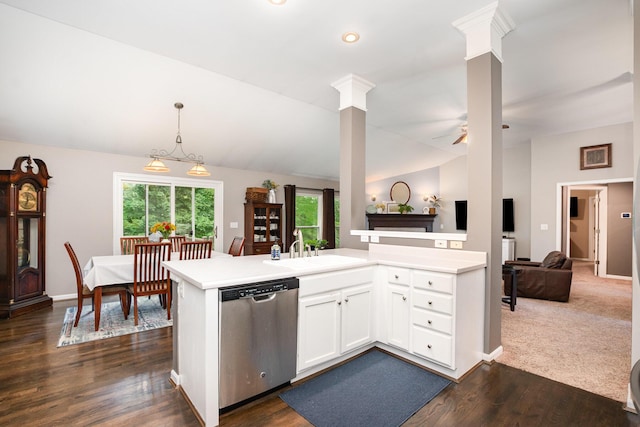 10234 Hempsteade Dr, Union, KY 41091 - kitchen featuring dishwasher, vaulted ceiling, open floor plan, light countertops, and decorative columns