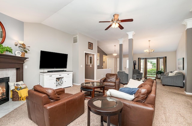 10234 Hempsteade Dr, Union, KY 41091 - living area featuring lofted ceiling, ceiling fan, a chandelier, a fireplace, and light colored carpet