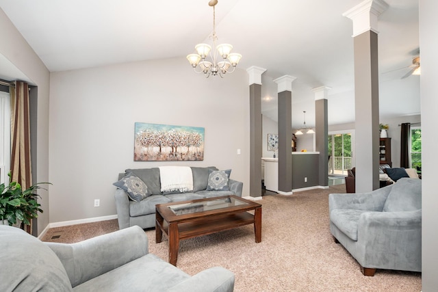 10234 Hempsteade Dr, Union, KY 41091 - living area with ornate columns, carpet floors, vaulted ceiling, and a chandelier