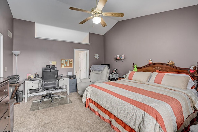 9070 Braxton Dr, Union, KY 41091 - bedroom featuring a desk, vaulted ceiling, light colored carpet, and a ceiling fan