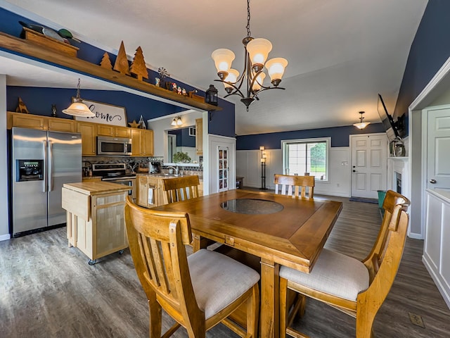 12229 Mashburn Dr, Walton, KY 41094 - dining space with a chandelier, dark wood-type flooring, and vaulted ceiling