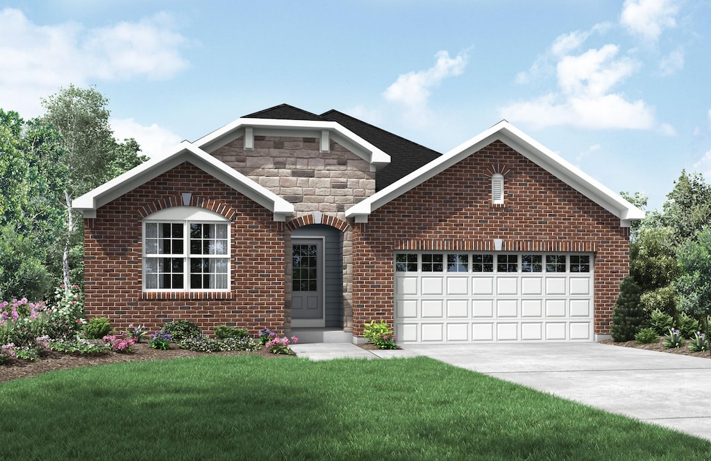 2625 Timberside Dr, Hebron, KY 41048 - view of front facade featuring a garage, driveway, brick siding, and a front lawn