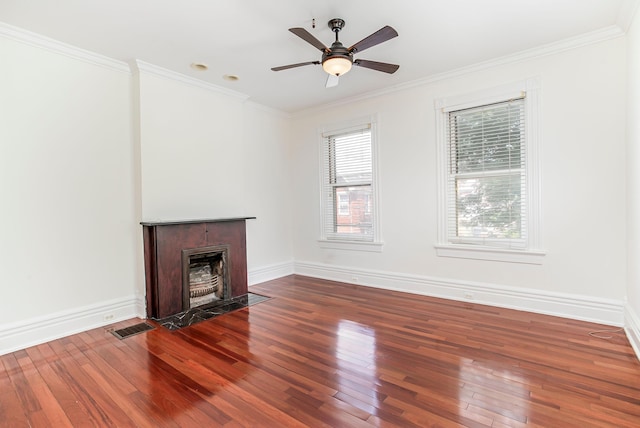 416 E 8th St, Newport, KY 41071 - unfurnished living room with hardwood / wood-style flooring, ornamental molding, a fireplace with flush hearth, and ceiling fan