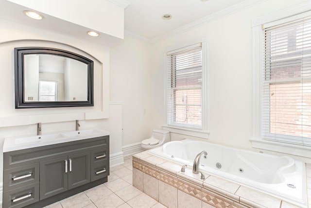 416 E 8th St, Newport, KY 41071 - full bathroom featuring a tub with jets, double vanity, crown molding, tile patterned floors, and recessed lighting