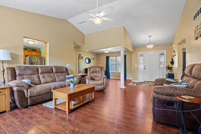 10302 Limerick Cir, Covington, KY 41015 - living room featuring vaulted ceiling, decorative columns, dark wood finished floors, and ceiling fan
