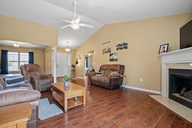 10302 Limerick Cir, Covington, KY 41015 - living area featuring dark wood-type flooring, ceiling fan, a premium fireplace, and high vaulted ceiling