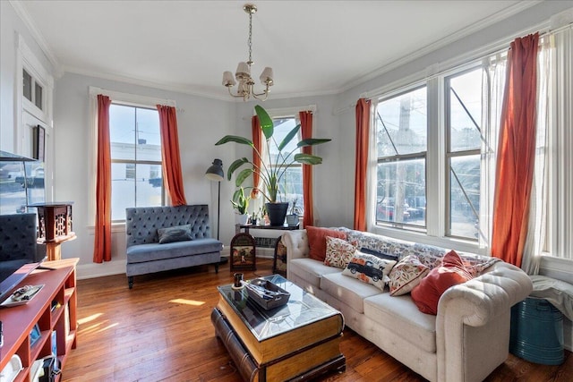 411 E 10th St, Newport, KY 41071 - living room featuring a chandelier, ornamental molding, and wood-type flooring