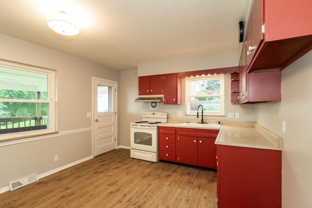 94 Mayo Cir, Newport, KY 41071 - kitchen with white electric range, light wood-style flooring, light countertops, under cabinet range hood, and healthy amount of natural light