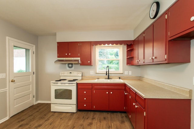 94 Mayo Cir, Newport, KY 41071 - kitchen featuring electric range, red cabinetry, under cabinet range hood, dark wood-type flooring, and light countertops