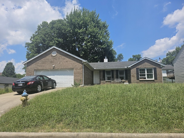 2454 Horton St, Crescent Springs, KY 41017 - ranch-style home featuring brick siding, an attached garage, a chimney, driveway, and a front yard