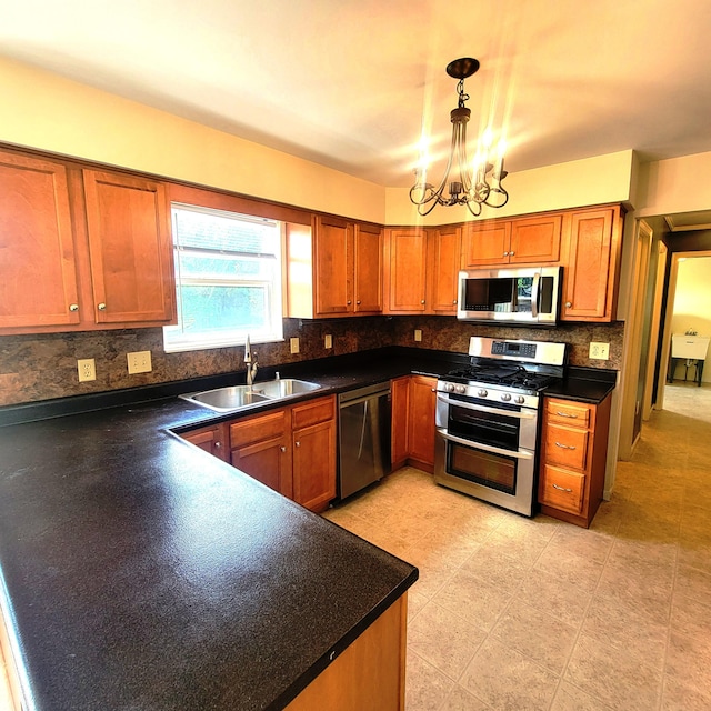 4467 Hackberry Ct, Burlington, KY 41005 - kitchen with stainless steel appliances, brown cabinetry, decorative backsplash, and dark countertops