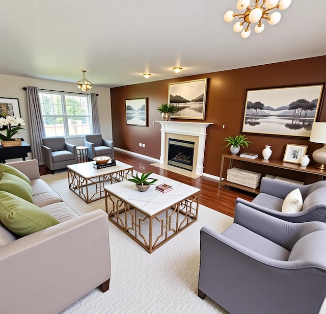 4467 Hackberry Ct, Burlington, KY 41005 - living room with a chandelier, wood finished floors, and a fireplace with flush hearth