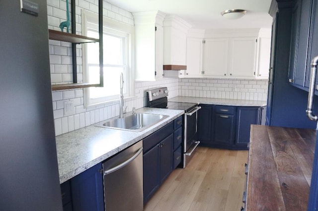 713 Ferncliffe Ave, Crescent Springs, KY 41017 - kitchen with appliances with stainless steel finishes, blue cabinetry, tasteful backsplash, and white cabinets