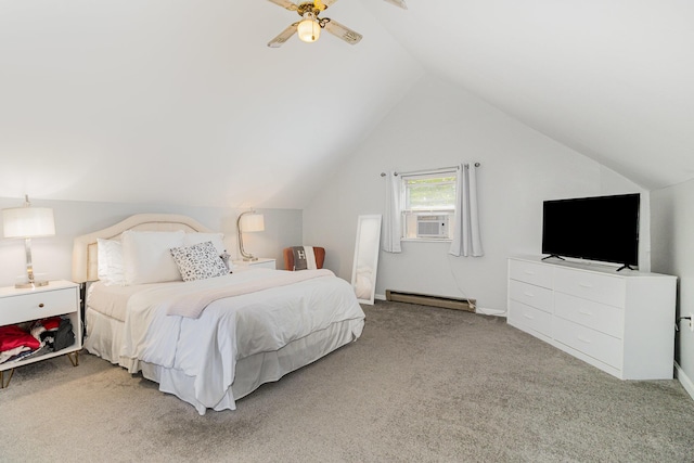 65 W Crittenden Ave, Fort Wright, KY 41011 - bedroom featuring light colored carpet, lofted ceiling, a baseboard heating unit, cooling unit, and a ceiling fan