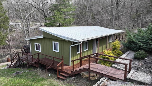 445 Davis Lake Rd # 1, Owenton, KY 40359 - rear view of property with a metal roof, a deck, stairway, and a view of trees