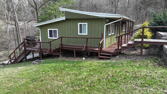 445 Davis Lake Rd # 1, Owenton, KY 40359 - view of property exterior with stairway, a lawn, a deck, and a wooded view