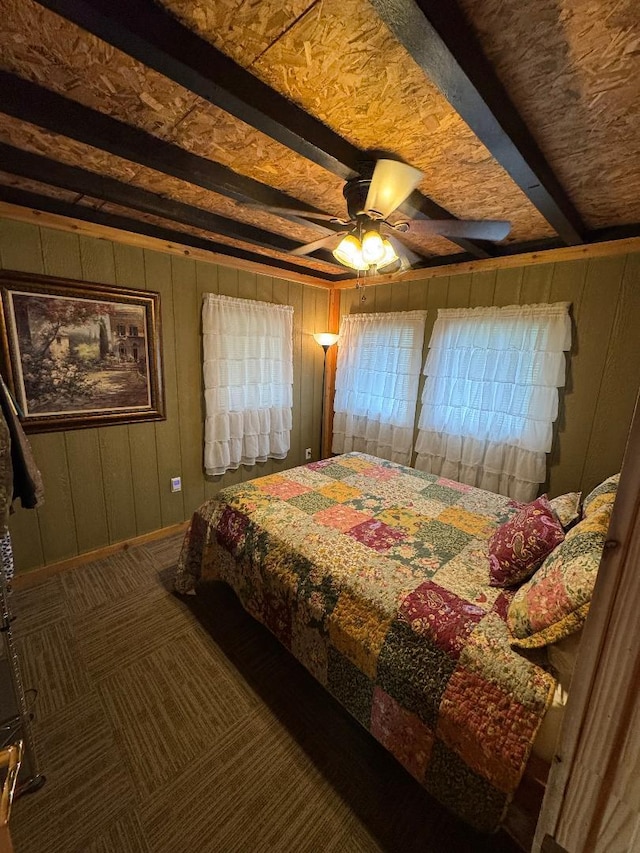 445 Davis Lake Rd # 1, Owenton, KY 40359 - carpeted bedroom featuring beam ceiling, wood walls, and a ceiling fan