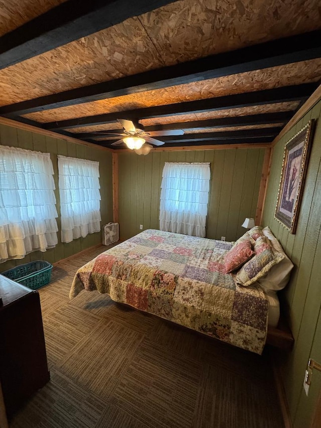 445 Davis Lake Rd # 1, Owenton, KY 40359 - bedroom with beam ceiling, wood walls, and ceiling fan