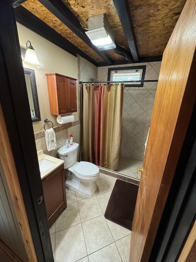 445 Davis Lake Rd # 1, Owenton, KY 40359 - full bathroom featuring vanity, a shower stall, tile walls, beam ceiling, and tile patterned floors