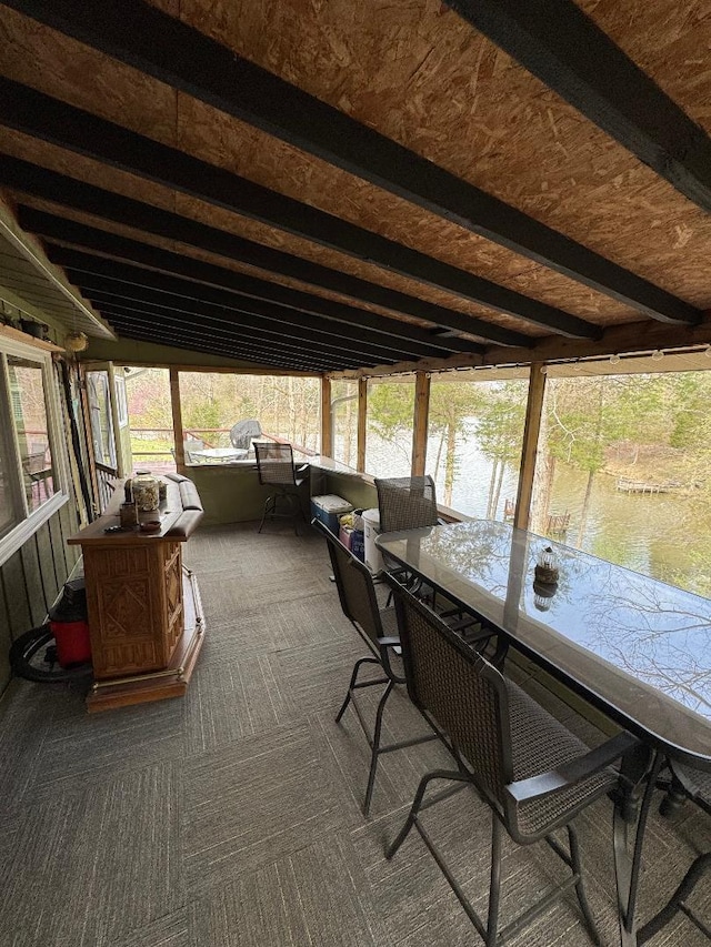 445 Davis Lake Rd # 1, Owenton, KY 40359 - sunroom with a water view, outdoor dining space, and beam ceiling