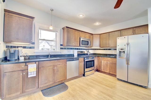 29 Crowell Ave, Fort Thomas, KY 41075 - kitchen featuring appliances with stainless steel finishes, dark countertops, light wood-type flooring, decorative backsplash, and recessed lighting