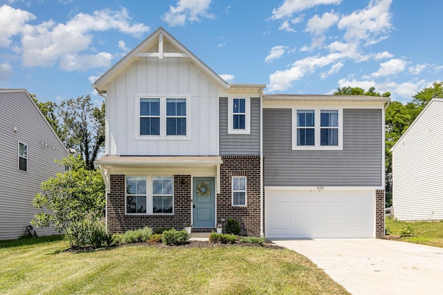 928 Darlington Creek Dr, Alexandria, KY 41001 - view of front of home featuring brick siding, board and batten siding, concrete driveway, a front lawn, and a garage