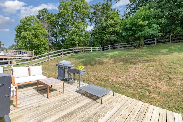 30 Valeside Dr, Covington, KY 41017 - deck featuring a grill, a fenced backyard, an outdoor hangout area, and view of wooded area
