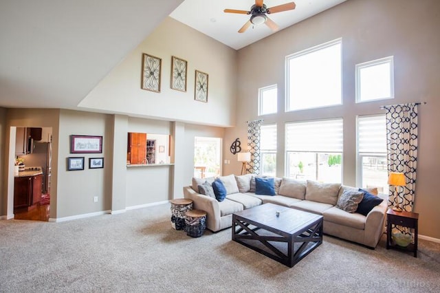 800 Buck Ct, Erlanger, KY 41018 - carpeted living room with a high ceiling and a ceiling fan