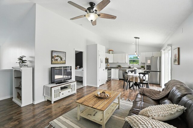 1625 Hogan Ln, Florence, KY 41042 - living area featuring lofted ceiling, a ceiling fan, and dark wood-style floors