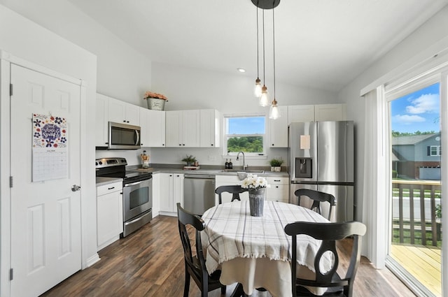 1625 Hogan Ln, Florence, KY 41042 - kitchen with stainless steel appliances, lofted ceiling, dark wood-style floors, hanging light fixtures, and white cabinets