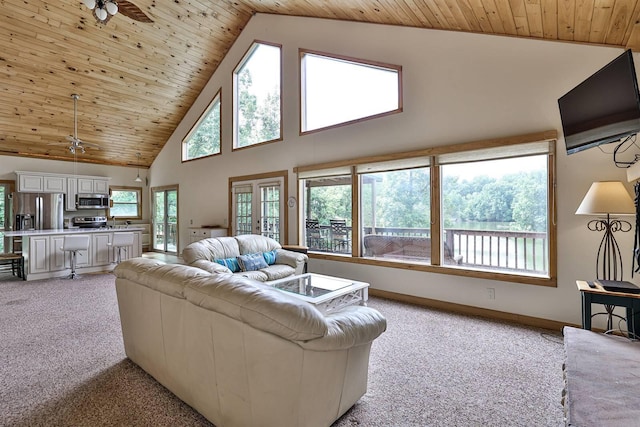 445 Elk Lake Resort Rd Unit 390, Owenton, KY 40359 - living room featuring light carpet, wooden ceiling, high vaulted ceiling, and a ceiling fan