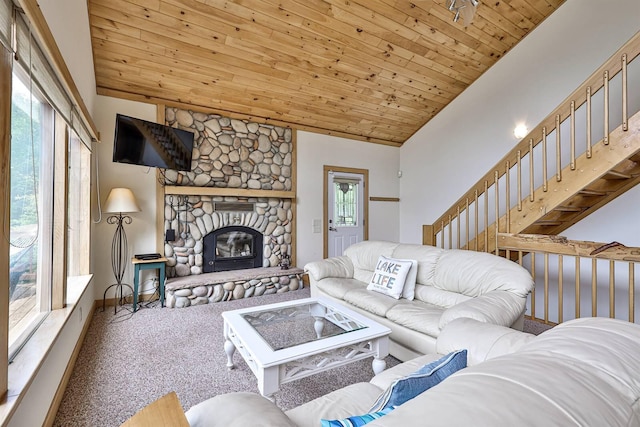 445 Elk Lake Resort Rd Unit 390, Owenton, KY 40359 - carpeted living room with plenty of natural light, wood ceiling, a stone fireplace, and vaulted ceiling